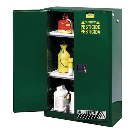 Justrite Hazardous Material Storage Cabinet, 45 gal, 2 Shelves, Steel, 43 in W x 65 in H x 18 in D, Green 894524
