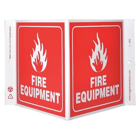 Zing Fire Equipment Sign, 7 in Height, 12 in Width, Plastic, V-Shaped, English 2556