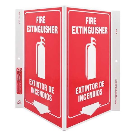 Zing Fire Extinguisher Sign, 11 in Height, 7 in Width, Plastic, V-Shaped, English, Spanish 2614