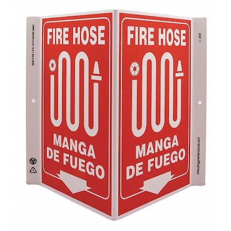 Zing Fire Hose Sign, 11 in Height, 7 in Width, Plastic, V-Shaped, English, Spanish 2628