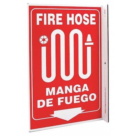 Zing Fire Hose Sign, 11 in Height, 8 in Width, Plastic, L-Shaped, English, Spanish 2629