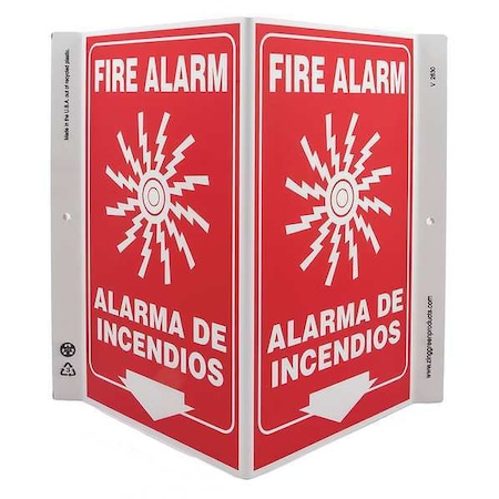 Zing Fire Alarm Sign, 11 in Height, 7 in Width, Plastic, V-Shaped, English, Spanish 2630