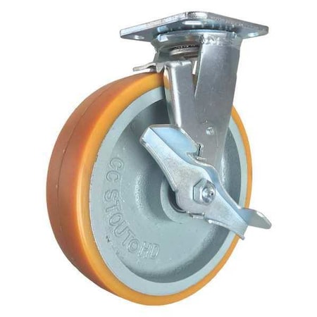 Cc Stout Swivel Plate Caster, w/Brake, SideStrap, 8", Load Rating: 1750 lb. CDP-Z-302