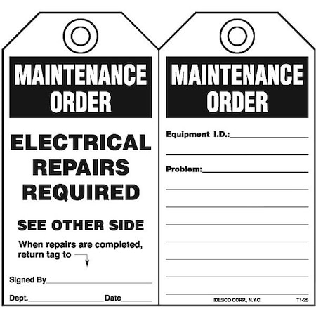 Idesco Safety Electrical Repairs Required Tag, PK10 KAT125AC