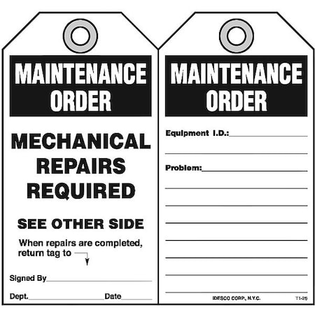 Idesco Safety Mechanical Repairs Required Tag, PK10 KAT126AC