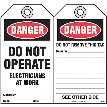 Idesco Safety Do Not Operate, Electricians Tag, PK10 KAT630AC