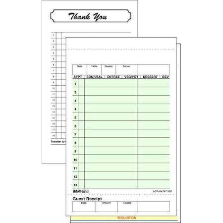 Daymark No Carbon Guest Check, 3 Part, Grn, PK8 ACR-G4797-3SP