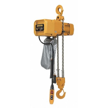 Harrington Electric Chain Hoist, 10,000 lb, 30 ft, Hook Mounted - No Trolley, 460V AC, Yellow NER050LD-30