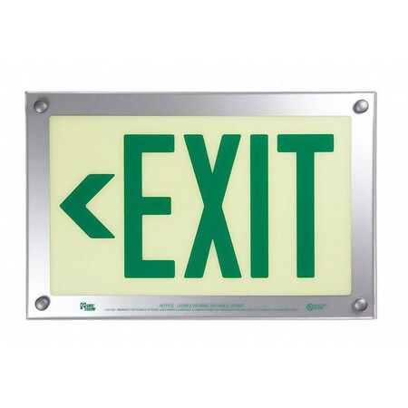 Safe Glow Exit Sign, English, 14-15/32" W, 9-11/32" H, Aluminum, Plastic DEL-06G-TS