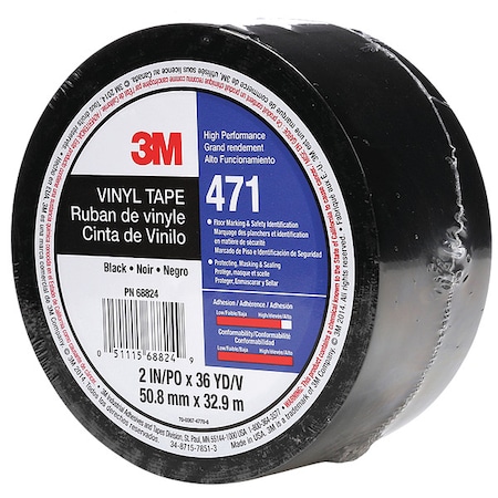 3M Floor Marking Tape, vinyl, Solid, Black, 2 in W., 5.2 mil Thickness 471