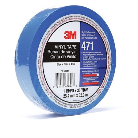 3M Floor Marking Tape, vinyl, No Legend, Blue, 1 in W., 5.2 mil Thickness 471