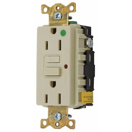 Hubbell Wiring Device-Kellems GFCI Receptacle, 15A, 125VAC, 5-15R, Ivory GFR8200HILU