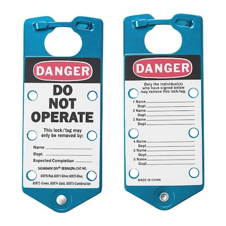 Brady Lockout Hasp, Blue, Aluminum, 6 Max. No. of Padlocks, 5/16 in Max. Shackle Dia. 65972