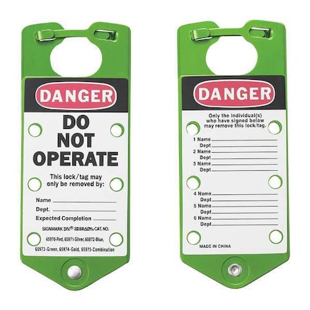 Brady Lockout Hasp, Green, Aluminum, 6 Max. No. of Padlocks, 5/16 in Max. Shackle Dia. 65973