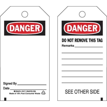 Brady Danger Tag, Prohibited Activity Tags, 5 3/4 in H x 3 in W, Black, Red, White, Rectangle, 25 PK 76171