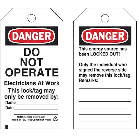 Brady Danger Tag, Polyester, 5 3/4 in H x 3 in W, Black/Red on White, Rectangle, 25 PK 66056