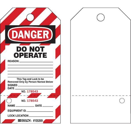 Brady Danger Tag, Cardstock, 5 3/4 in H x 3 in W, Red/Black on White, Rectangle, 25 PK WKT3