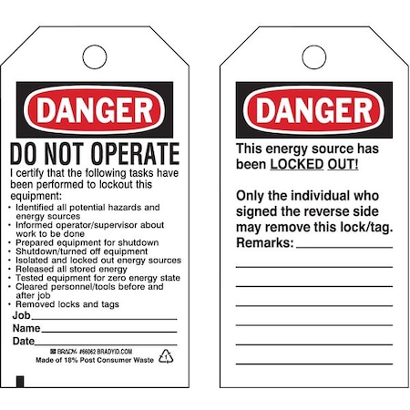 Brady Danger Tag, Polyester, 5 3/4 in H x 3 in W, Black/Red on White, Rectangle, 25 PK 66062