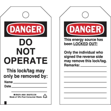 Brady Danger Tag, 5-3/4 x 3 In, OSHA, Met, PK25, 66051 66051