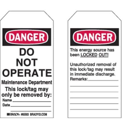 Brady Danger Tag, Danger, Cardstock, 3 in Width, 5 3/4 in Height, Write On Surface: Yes , 25 PK 65441