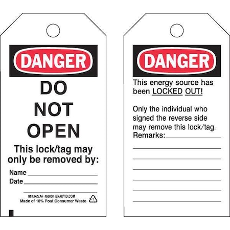 Brady Danger Tag, Danger, Cardstock, 3 in Width, 5 3/4 in Height, Write On Surface: Yes , 25 PK 65448