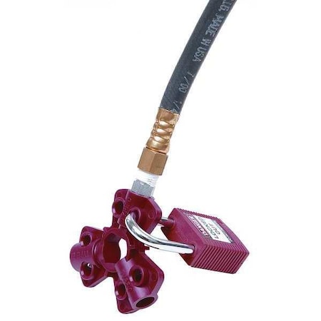 Brady Pneumatic Fitting Lockout, Red, Isoplast Polymers, 6 Max. No. of Padlocks, 1/4 in Max. Shackle Dia. 65645