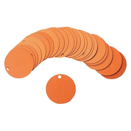 Brady Blank Tag, Aluminum, 1 1/2 in H x 1 1/2 in W, 1 1/2 in Dia., Orange, Round, 25 PK 87604