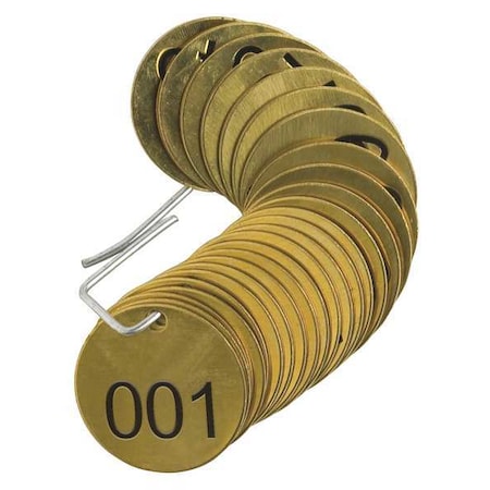Brady Numbered Tag, Brass, 1 1/2 in H x 1 1/2 in W, 1 1/2 in Dia., Brass, Round, 25 PK 23200
