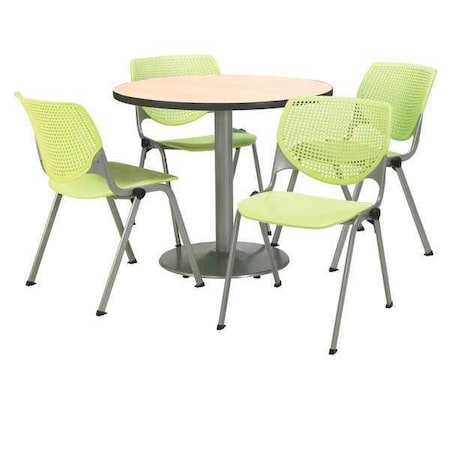 Kfi Round KFI Round 36" Dia. Pedestal Table with 4 Lime KOOL Series Stack Chairs, Natural Laminate Top T36RD-B1922SL-NA-2300-P14