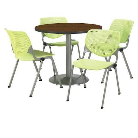 Kfi Round KFI Round 36" Dia. Pedestal Table with 4 Lime KOOL Series Stack Chairs, Walnut Laminate Top T36RD-B1922SL-WL-2300-P14