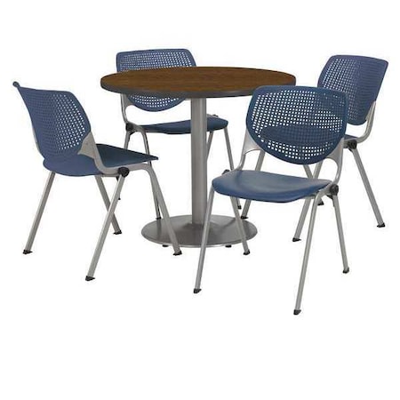 Kfi Round KFI Round 36" Dia. Pedestal Table with 4 Navy KOOL Series Stack Chairs, Walnut Laminate Top T36RD-B1922SL-WL-2300-P03