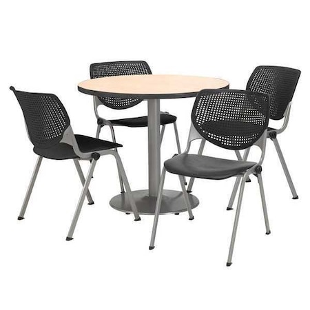 Kfi Round KFI Round 36" Dia. Pedestal Table with 4 Black KOOL Series Stack Chairs, Natural Laminate Top T36RD-B1922SL-NA-2300-P10