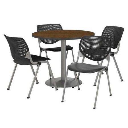Kfi Round KFI Round 36" Dia. Pedestal Table with 4 Black KOOL Series Stack Chairs, Walnut Laminate Top T36RD-B1922SL-WL-2300-P10
