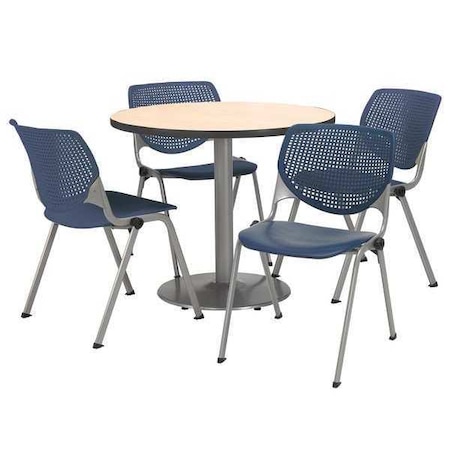 Kfi Round KFI Round 36" Dia. Pedestal Table with 4 Navy KOOL Series Stack Chairs, Natural Laminate Top T36RD-B1922SL-NA-2300-P03
