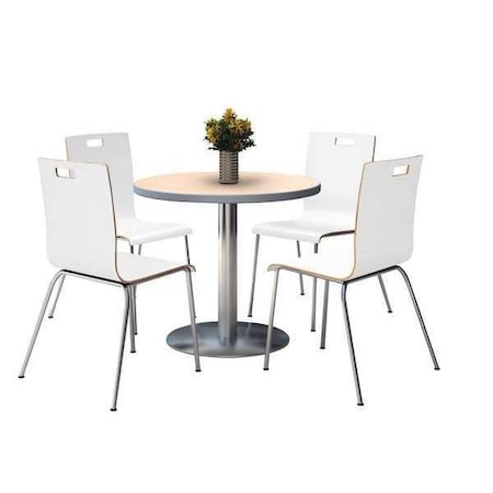 Kfi Round KFI Round 42" Dia. Pedestal Table with 4 White Stacking Bentwood Chairs, Natural Laminate Top T42RD-B1922SL-NA-9222CH-WH