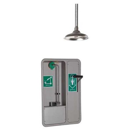 Haws Shower with Eyewash, Ceiling (Shower), Wall (Eyewash) Mount, Stainless Steel Pipe, 32 in H, Silver 8355WCC