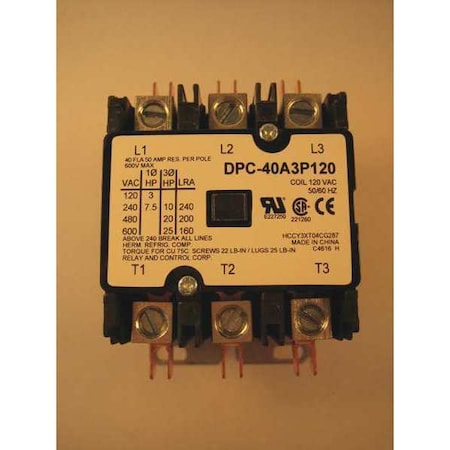 Relay And Control 120VAC Definite Purpose Contactor 3P 40A DPC-40A3P120