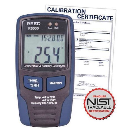 Reed Instruments Temperature and Humidity Datalogger, -40 to 158 Degrees F (-40 to 70 Degrees C), 0-100%RH with NIST Calibration Certificate R6030-NIST