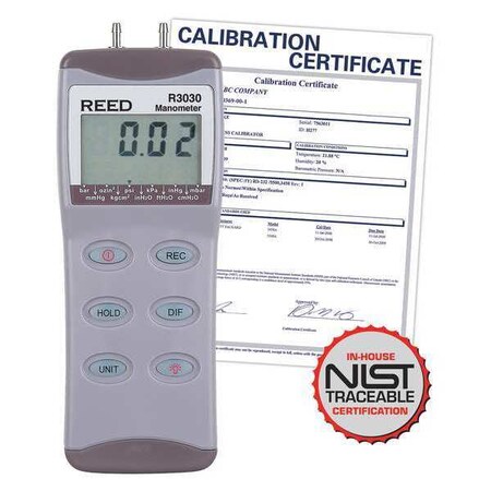 Reed Instruments Digital Manometer, Gauge / Differential, 30psi with NIST Calibration Certificate R3030-NIST