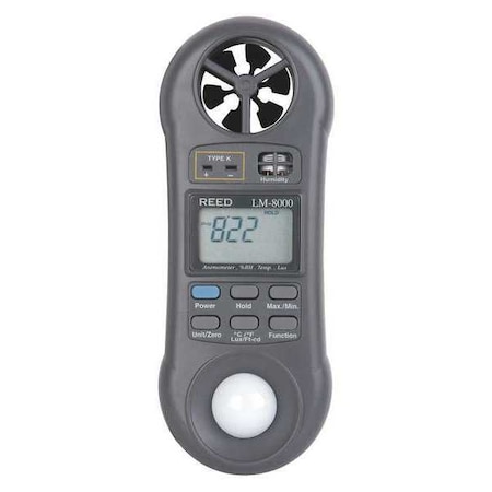 Reed Instruments 6-in-1 Multi-Function Environmental Meter (Air velocity/temperature, Ambient Temperature, Humidity, Contact Temperature and Light) LM-8000