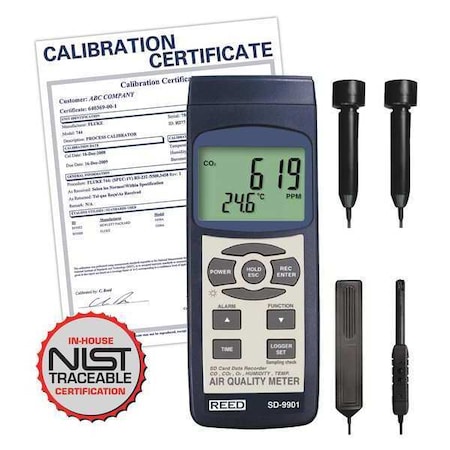 Reed Instruments SD Series Indoor Air Quality Meter, Datalogger (O2, CO2, CO, Temp/RH) with NIST Calibration Certificate SD-9901-NIST