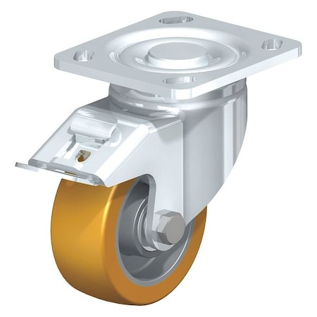 Blickle Swivel Plate Caster, PU, 4", Brake, Caster Wheel/Tread Material: Aluminum/Polyurethane Elastomer LH-ALTH 101K-14-FI