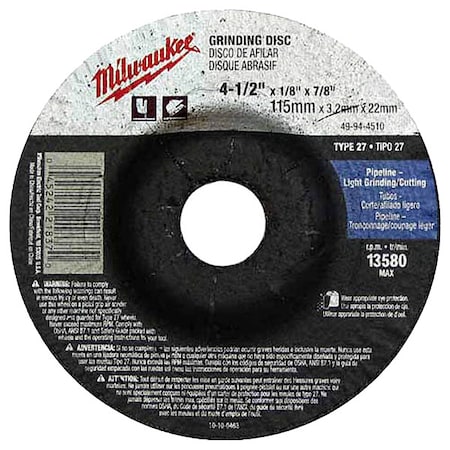 Milwaukee Tool 4-1/2" x 1/8" x 7/8" Grinding Wheel (Type 27) 49-94-4510