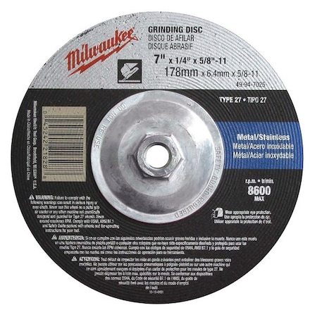 Milwaukee Tool 7" x 1/4" x 5/8-11" Grinding Wheel (Type 27) 49-94-7025