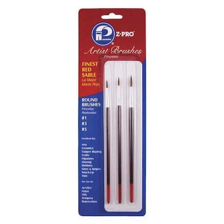 Premier #1, #3, #5 Artist Red Sable Bristle, Paint Brush Set, Wood Handle, 12 PK AR10103