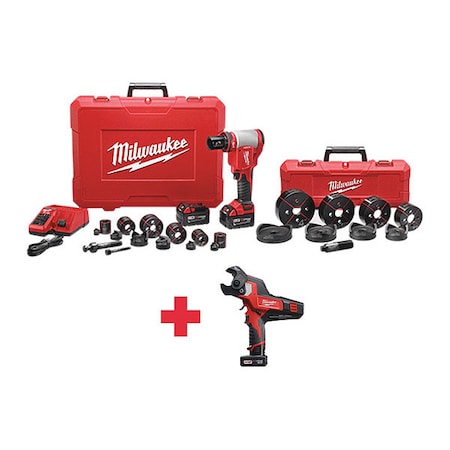 Milwaukee Tool M18 FORCE LOGIC 10T Knockout Tool 1/2" - 4" Kit + M12 600 MCM Cable Cutter Kit 2676-23, 2472-21XC