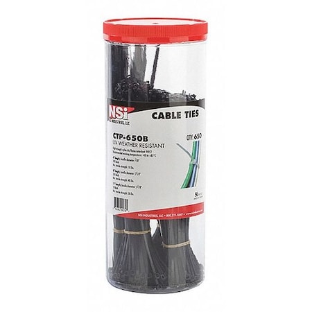Nsi Cable Tie, 4 in, 8 in, 11 in L, 3-1/8 in Max Bundle Dia., Black, Nylon 6/6, 100 PK CTP-650B