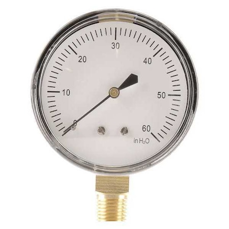 Zoro Select Low Pressure Gauge, 0 to 60 psi, 2 1/2 in Dial, 1/4 in NPT, Bottom Location, Steel Case Material 18C785