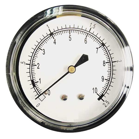 Zoro Select Low Pressure Gauge, 0 to 10 psi, 2 1/2 in Dial, 1/4 in NPT, Center Back Location 18C798