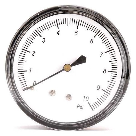 Zoro Select Low Pressure Gauge, 0 to 10 psi, 2 1/2 in Dial, 1/4 in NPT, Center Back Location 18C791